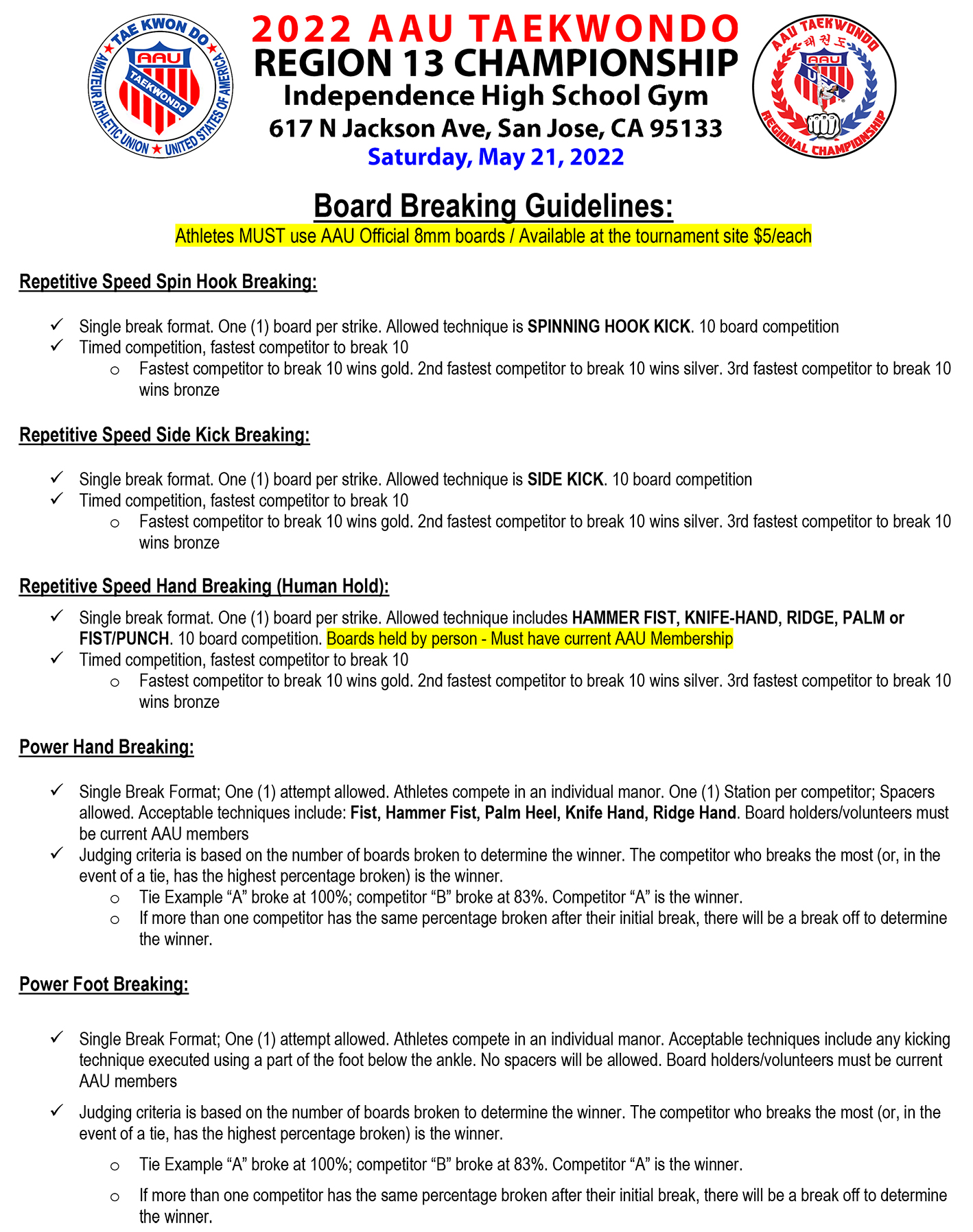Breaking Guidelines AAU TKD Pacific Regional Championship